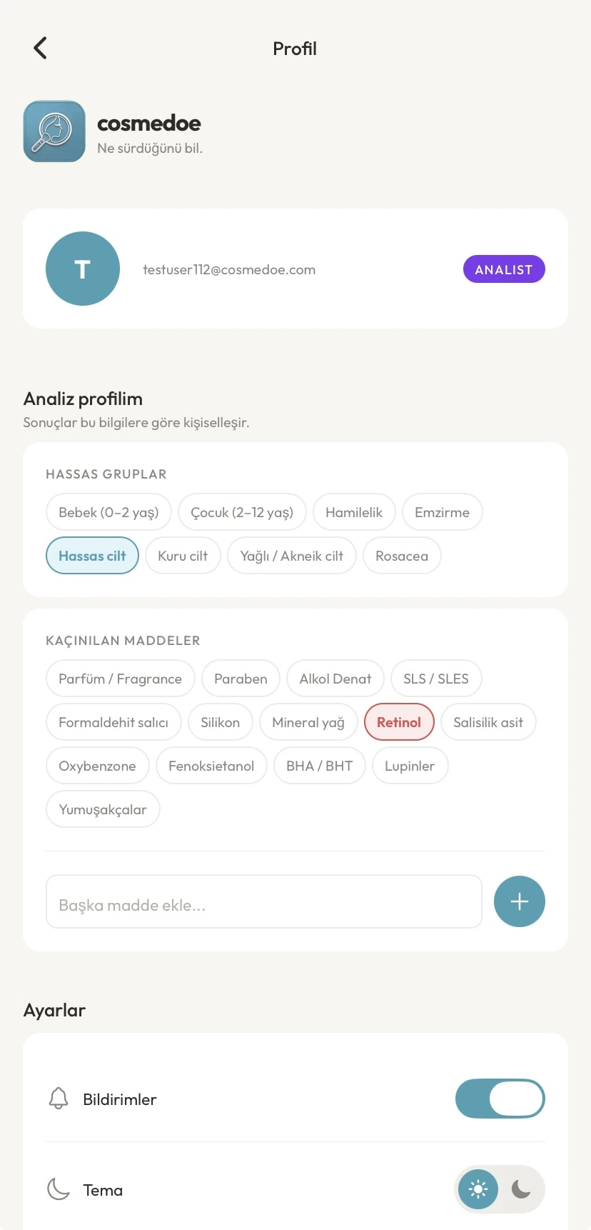 Profil ekranı